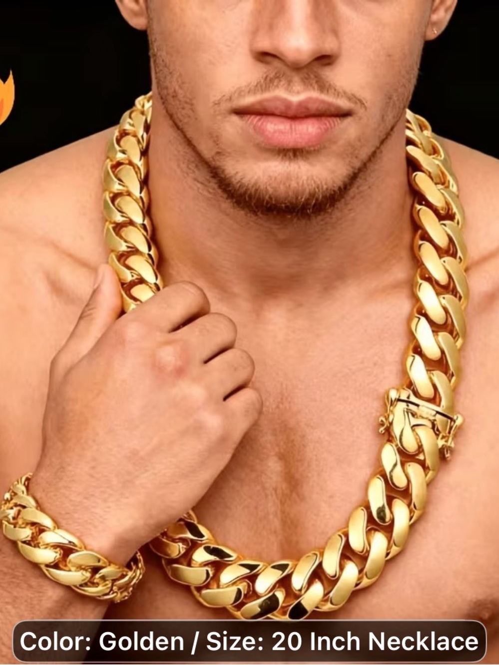 2PCS)Bold 28k heavy duty Gold plated Cuban Link Necklace and Bracelet